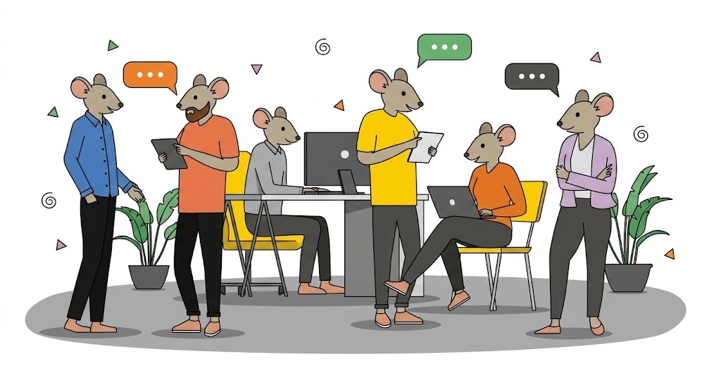 équipe agence communication rongeur au travail - six souris professionnelles en open space avec ordinateurs et tablettes - The ATM Lab